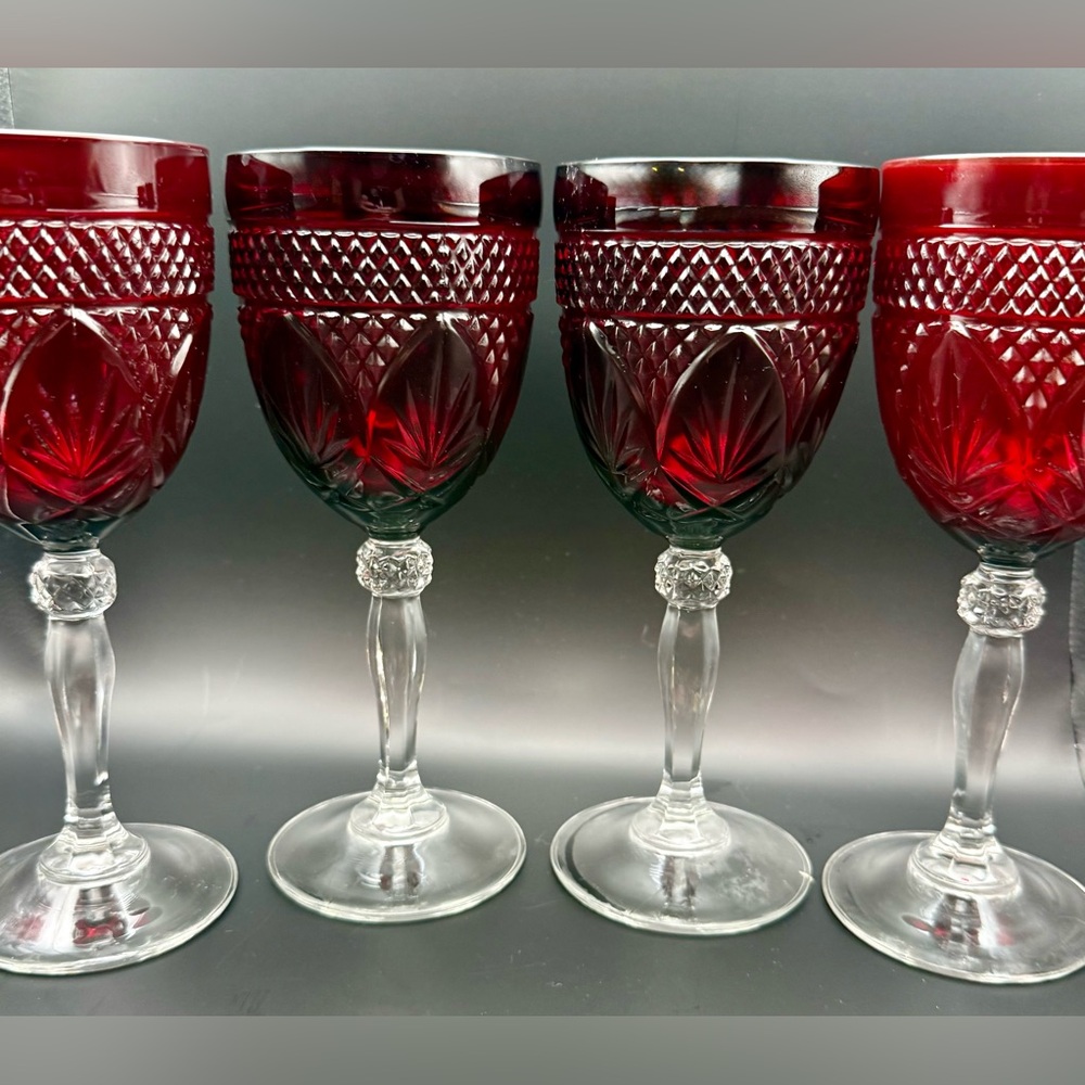 4 Cristal D’Arques-Durand, deep red wine glasses. Vintage. 10oz